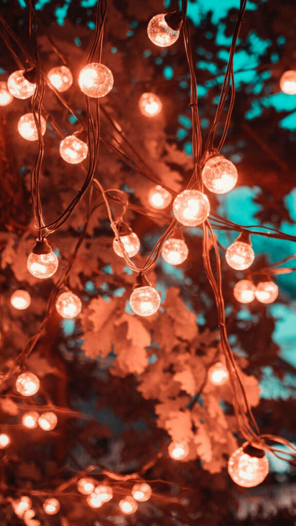 Enchanting Tree Wallpaper: Glowing Amber Lights on Dark Foliage