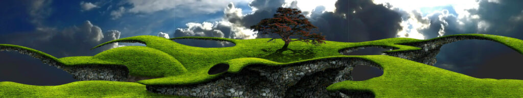 Enchanting Triple Monitor Background: Majestic Green Landscape with Floating Components, Red Centered Tree, and Heavenly Clouds Wallpaper