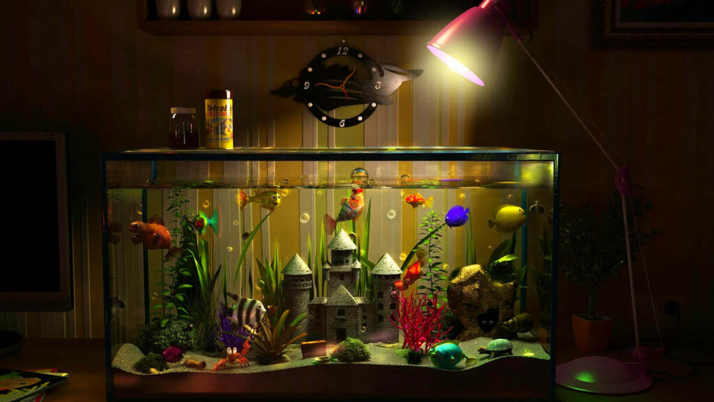 Enchanting Underwater Aquarium Wallpaper with Colorful Fish & Castle