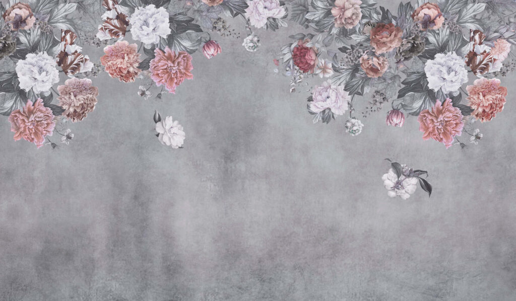 Enchanting Vintage Flower Background: Pastel Blossoms on Gray Wallpaper