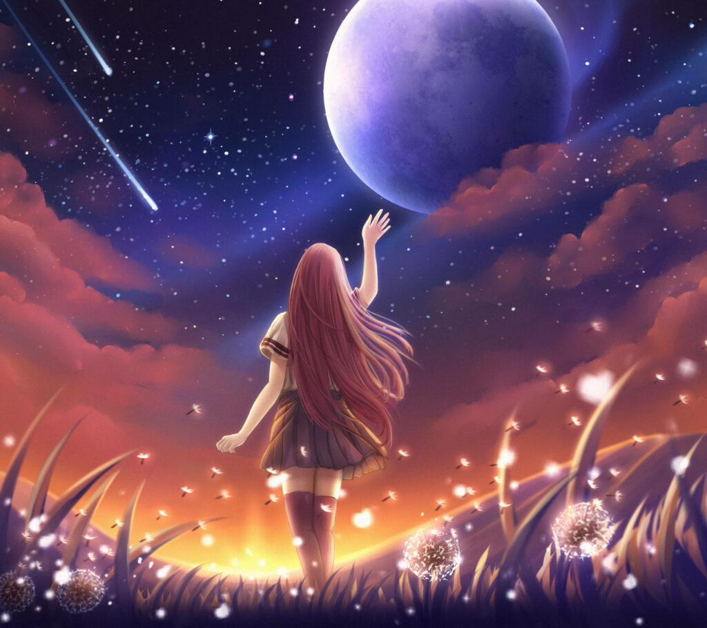 Magical Moonlit Wallpaper: Girl Reaching for Stars & Dreams