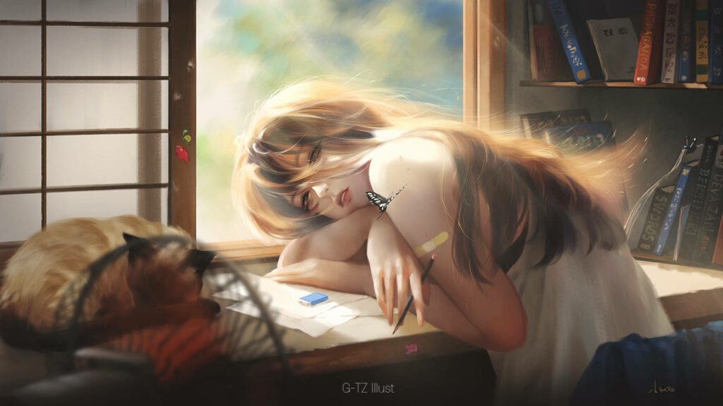 Enchanting Wallpaper: Girl, Cat, & Sunlit Serenity for Your Desktop