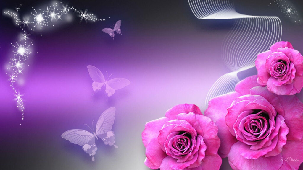 Enchanting Wallpaper: Vibrant Pink Roses & Purple Butterflies