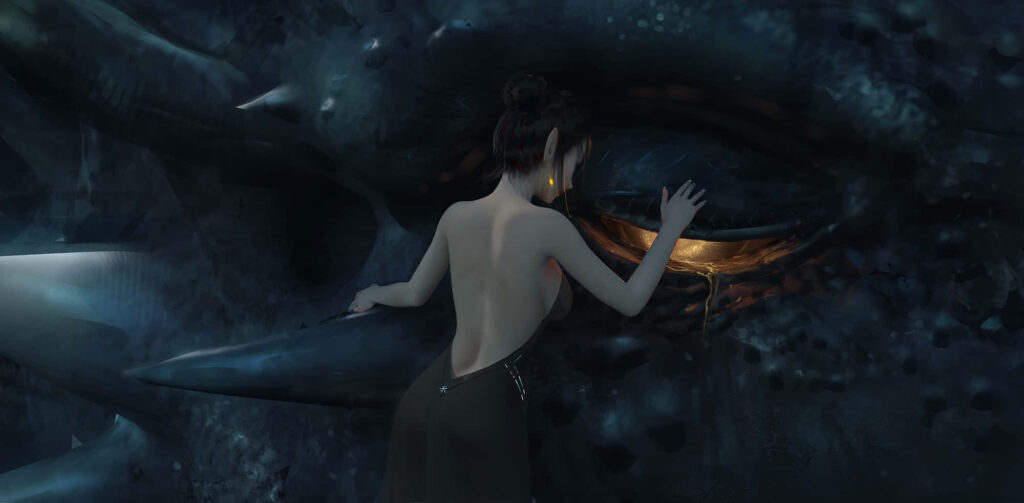 Surreal Wallpaper: Woman Embraces Colossal Ancient Monster