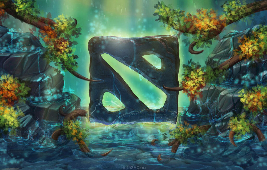 Nature's Serenade: Captivating Waterfall Amidst Lush Wilderness and Dota 2 Emblem Wallpaper