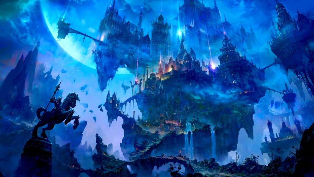 Enchanting Fortress: A Majestic Knight's Quest beside the Cascade of Magic – HD Fantasy Wallpaper