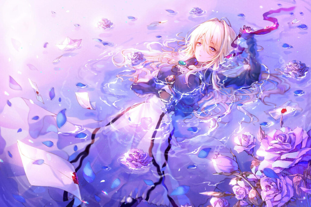 Purple Perfection: Enchanting Anime Girl Adorned in Ethereal Attire, Gracefully Hovering Above a Watery Canvas of Lavender Blooms Wallpaper