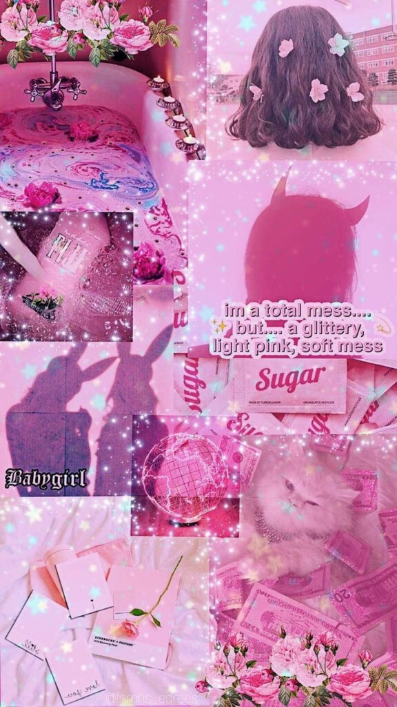 Enchanting Dreamscape: A Whimsical Collage of Glittering Sparkles, Delicate Roses, Playful Kittens, and Stylized Hair Accessories Wallpaper