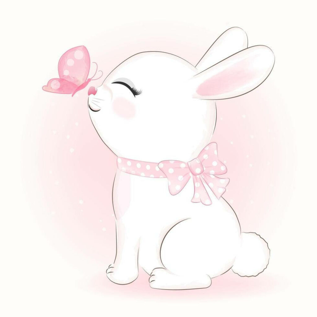 A Delightful Encounter: White Rabbit with Pink Ribbon and Butterfly Nose Boop in a Serene Background Wallpaper