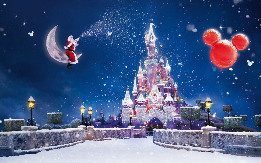 Enchanting Winter Castle Under Stars: A Magical Night Scene Wallpaper