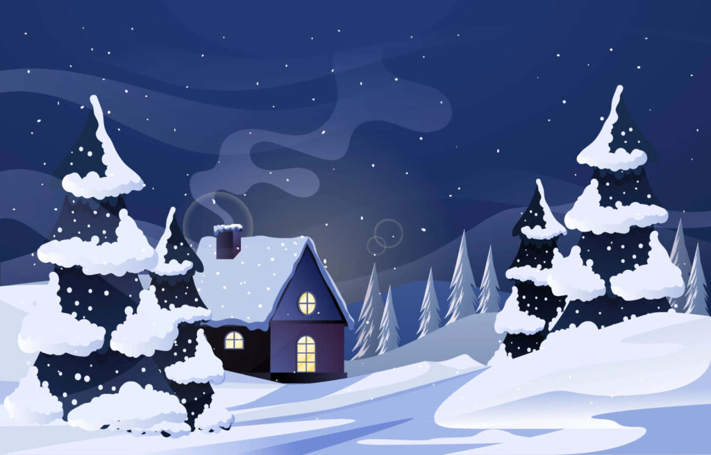 Enchanting Winter Wonderland: Cozy Village House Under Starry Sky Wallpaper