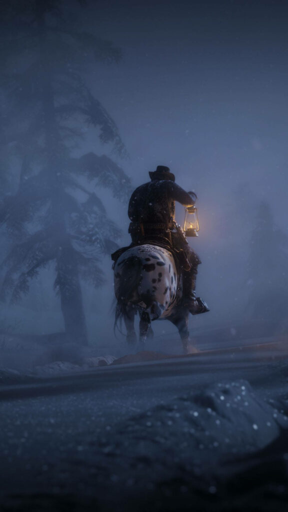 Lone Rider in Mist: Captivating Winter Landscape Wallpaper