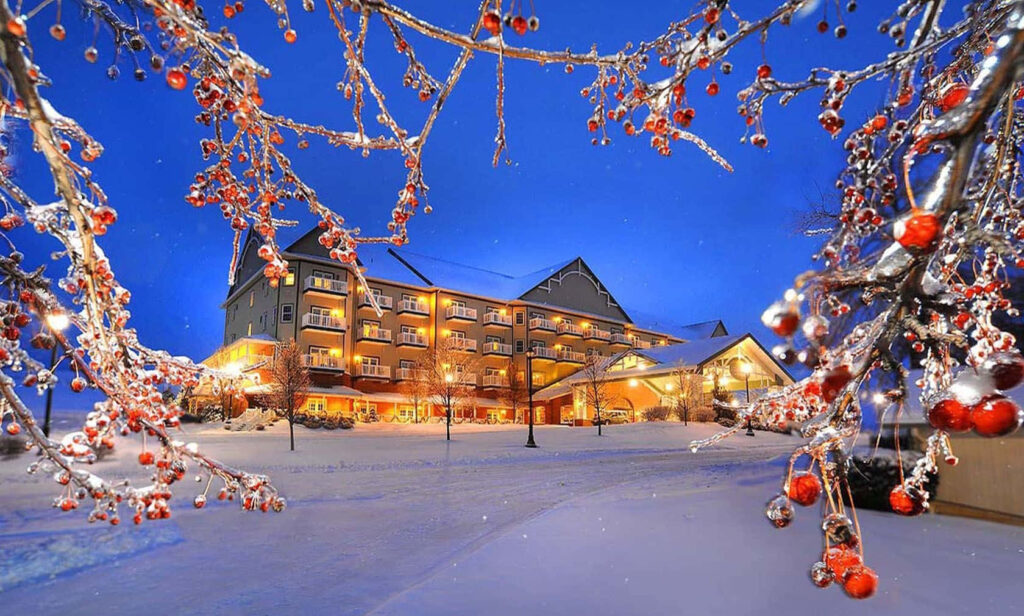Enchanting Winter Scene: Illuminated Building & Snowy Landscape Wallpaper