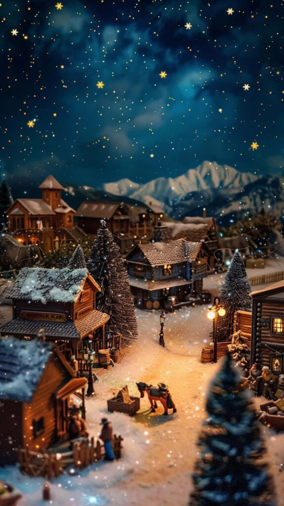 Enchanting Winter Village Night Wallpaper: Snowy Scene & Starry Sky