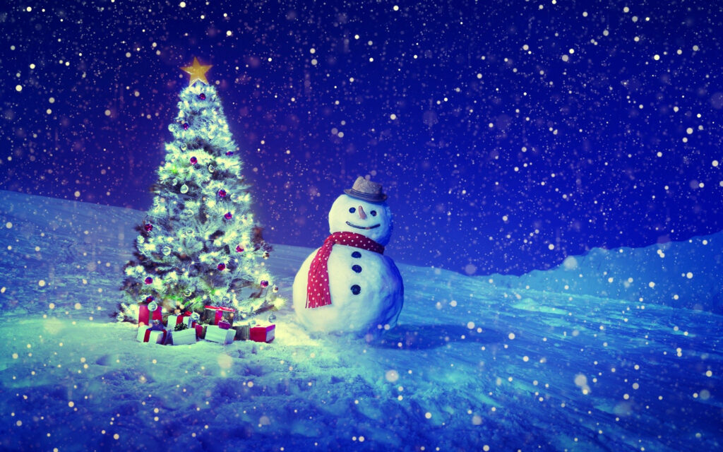 Charming Winter Wallpaper: Christmas Tree & Snowman Under Starry Sky
