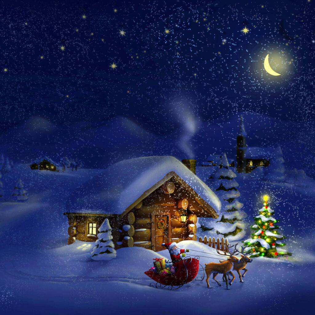 Cozy Christmas Cabin Wallpaper: Snowy Night with Sleigh & Tree