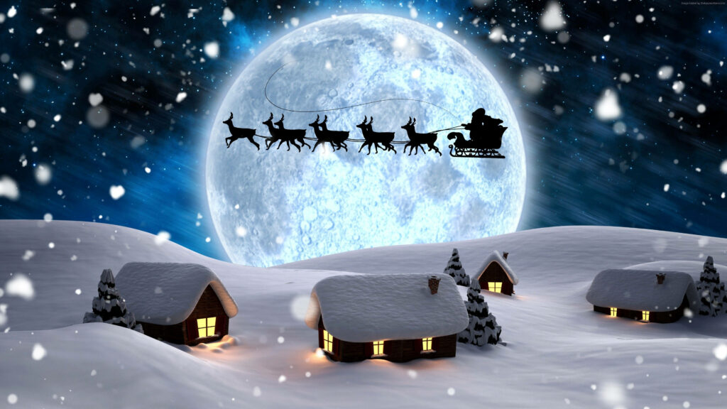 Enchanting Winter Night: Santa's Sleigh & Moonlit Cottages Wallpaper