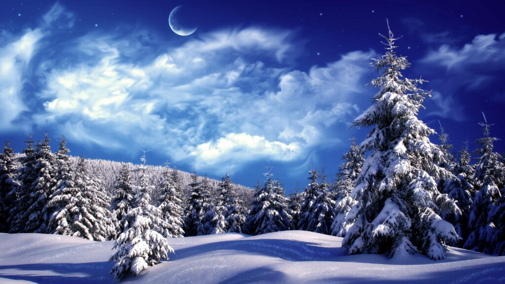 Majestic Winter Wonderland: Captivating Moonlit Sky Over a Snowy Landscape Wallpaper