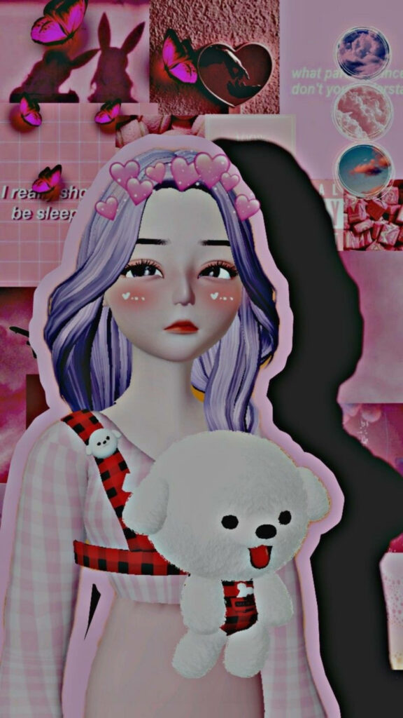 Enchanting Zepeto: Adorable Purple-Haired Girl Embracing Cute Style in Pink Gingham Crop Top, with Heart Crown and Teddy Bear Companion - Mesmerizing Zepeto Background Snapshot Wallpaper