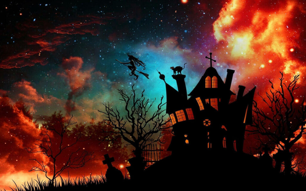 Witch Cottage in Enchanting Night: A Delightfully Halloween-inspired Aesthetic Wallpaper