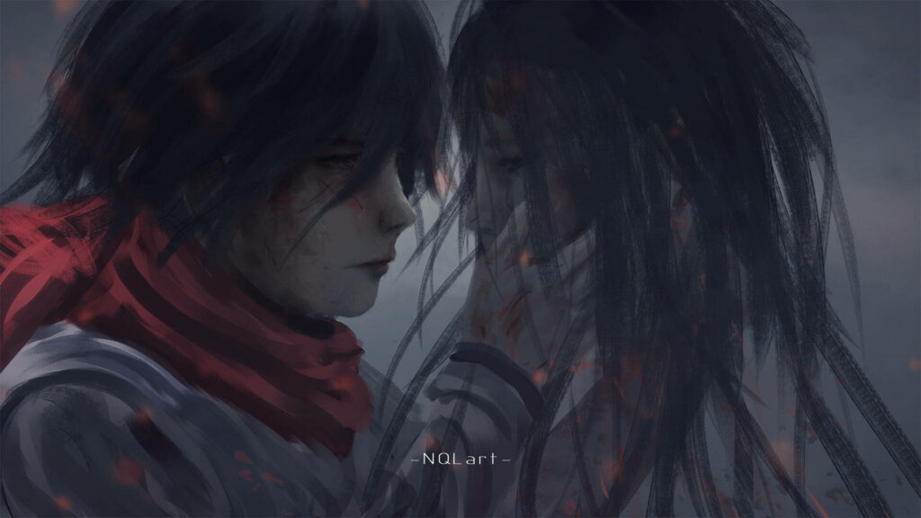 Lost Love: Mikasa's Final Embrace with Eren, an Unforgettable Anime Farewell Wallpaper