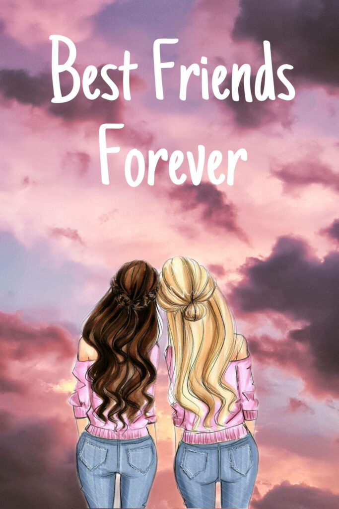 Blonde and Brunette BFFs Embrace the Vibrant Pink Sunset, Radiating BFF Vibes in Matching Outfits Wallpaper