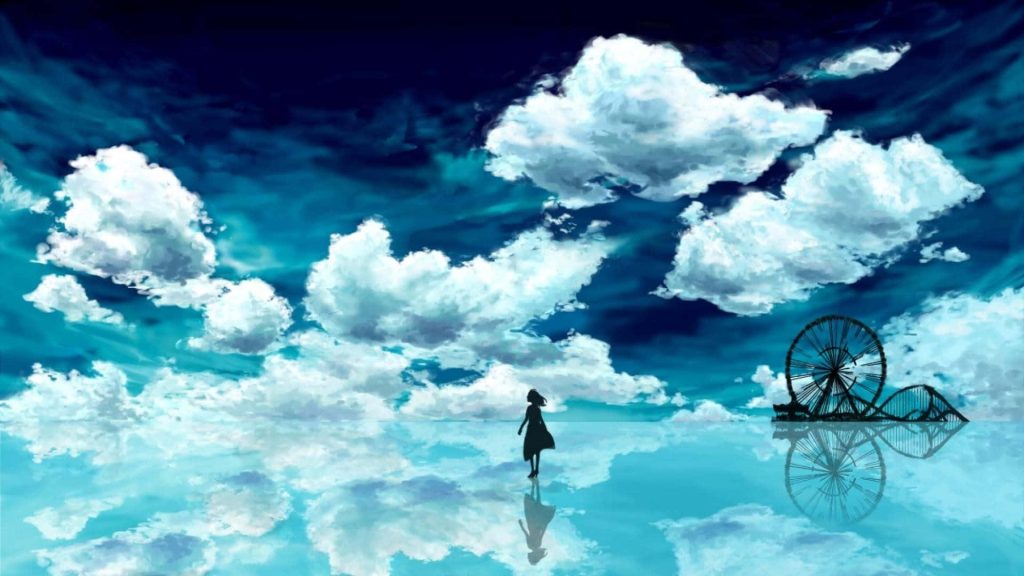 Anime-style serene landscape with girl silhouette on reflective water and distant Ferris wheel Wallpaper