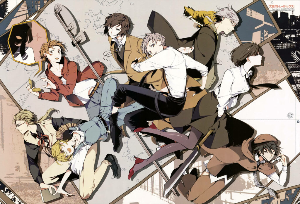 Jumping into the World of Bungo Stray Dogs: Eight Characters Emerge from a Neutral-toned Cardboard Cutout Background Wallpaper