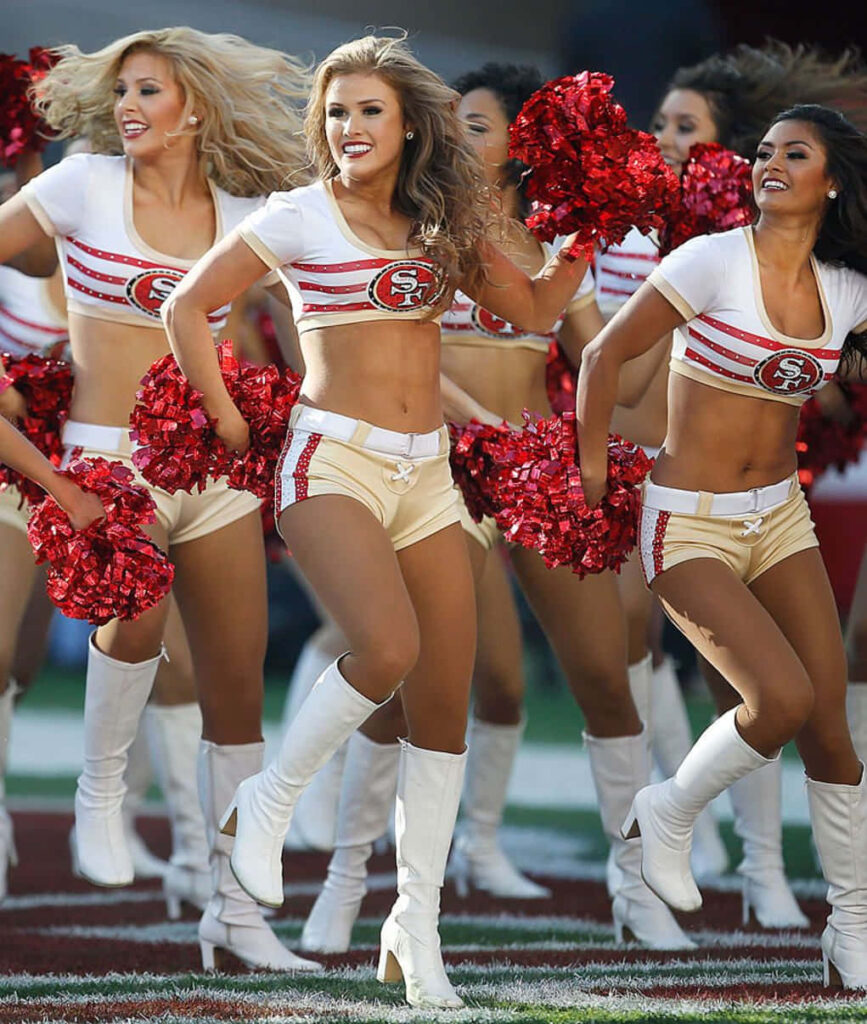 Energetic Cheerleaders in Red & Gold Outfits – Team Spirit Wallpaper