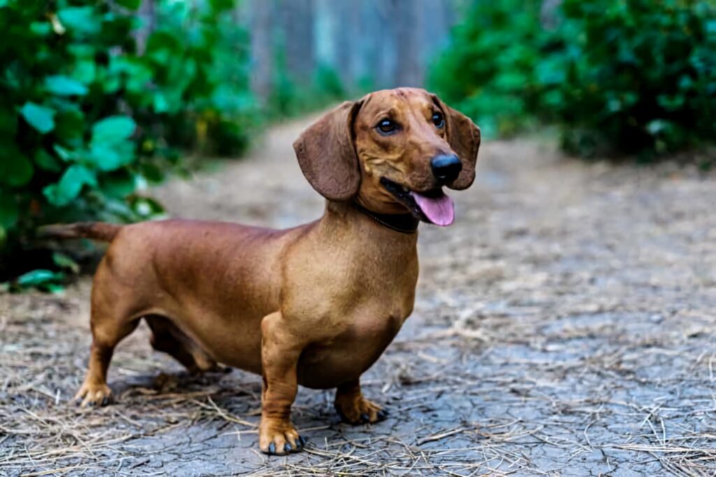 Lively reddish-brown Dachshund on forest path with lush green background and playful expression Wallpaper