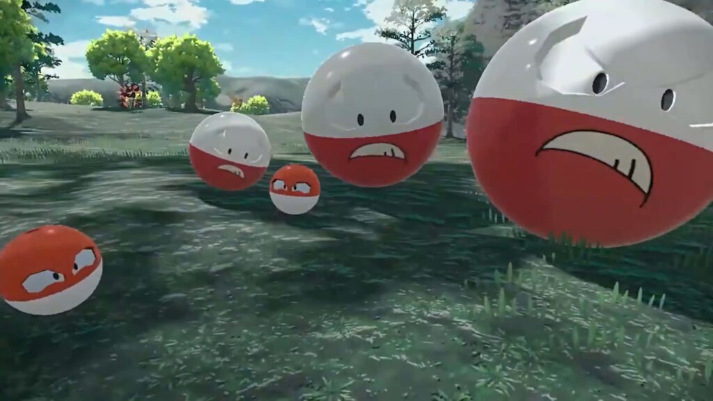 Vibrant wallpaper of multiple Electrode Pokémon bouncing on green landscape with blue sky