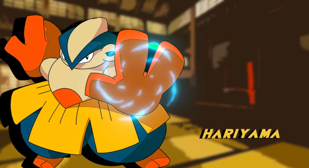 Hariyama battling pose with glowing hand in warm dojo background digital Pokémon wallpaper