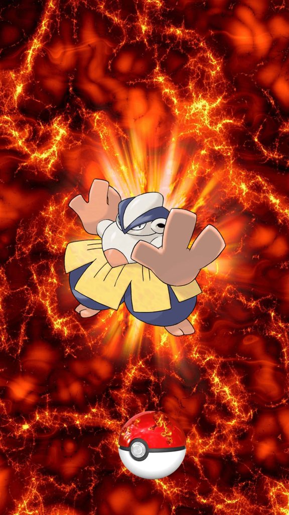 Hariyama Fighting-type Pokémon phone wallpaper with fiery lava background and Poké Ball below