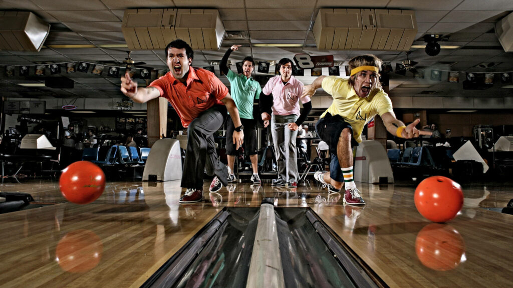 Energetic Hawk Nelson band bowling retro style vibrant orange balls lively teamwork wallpaper