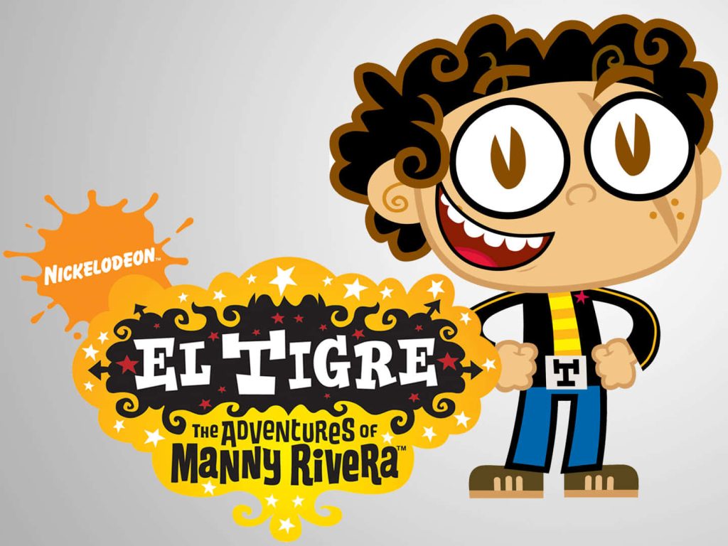 Energetic Manny Rivera cartoon wallpaper with El Tigre Nickelodeon logo on light gray background