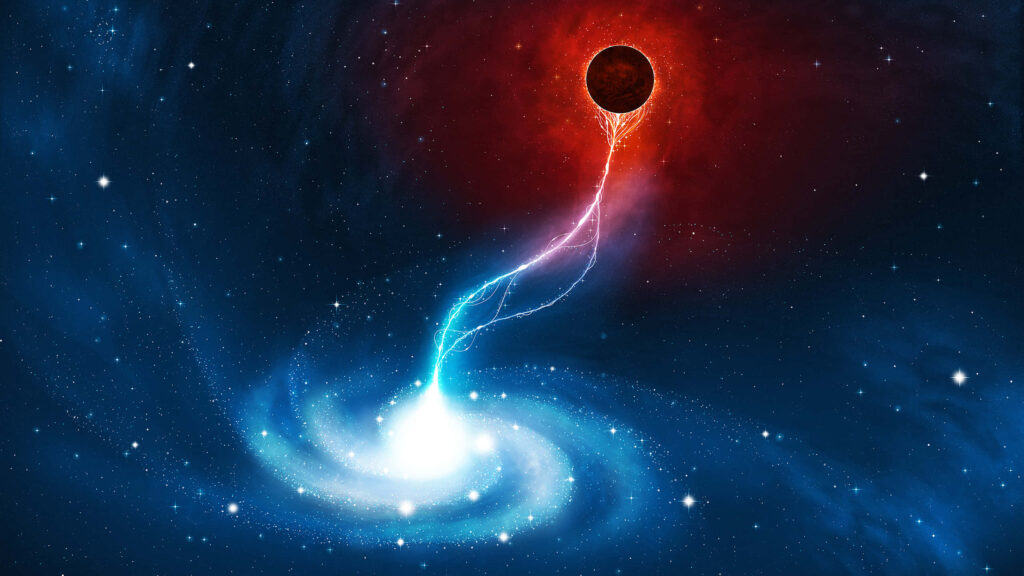 The Radiating Majesty: Exploring the Interstellar Connection of a Luminous Spiral Galaxy and Enigmatic Red Celestial Entity Wallpaper