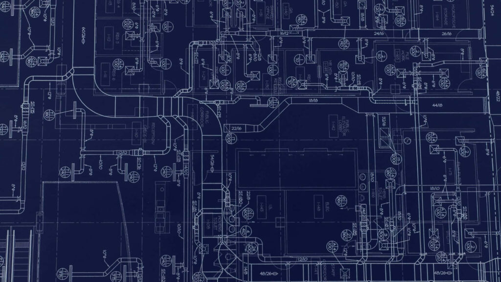 Detailed engineering blueprint wallpaper with intricate architectural plans on dark blue background