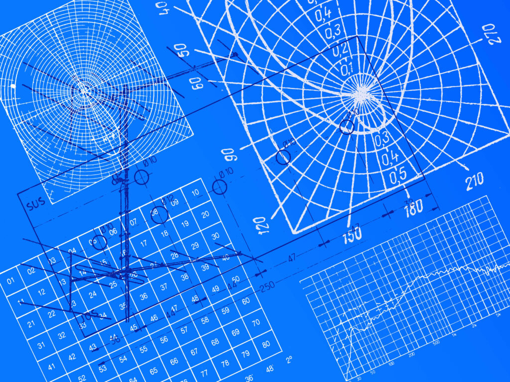 Engineering blueprint wallpaper with technical schematics grids and graphs on blue background