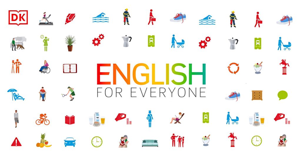 English for Everyone wallpaper with colorful flat icons on white background for language learning