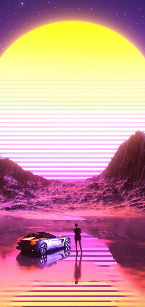 Guy with Cool Car Watching Sunset Vaporwave Background Wallpaper