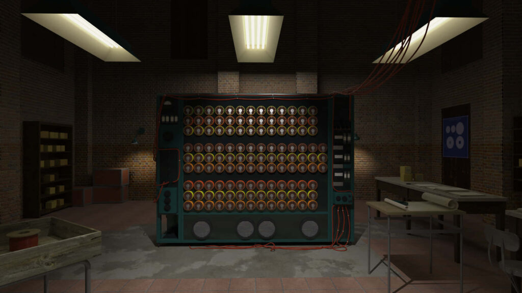 Enigma machine from The Imitation Game in dimly lit workshop historic codebreaking wallpaper