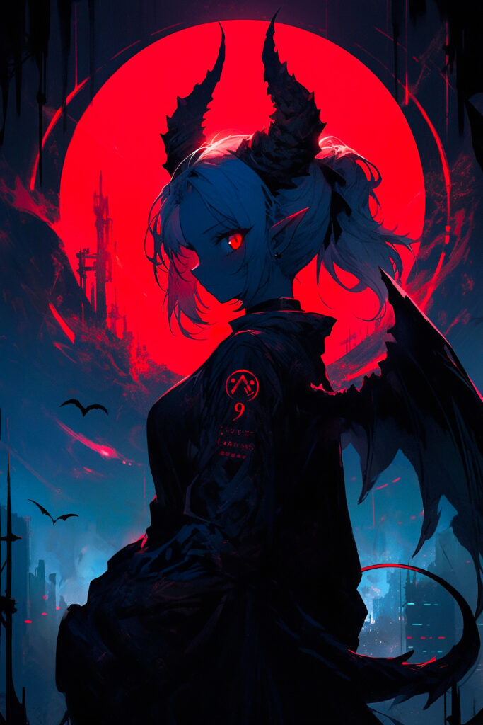Enigmatic Anime Girl with Horns and Wings Under a Red Moon Wallpaper