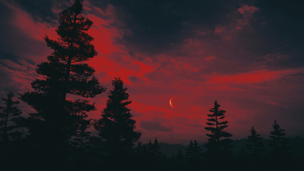 Enchanting Twilight: A captivating screen capture of Far Cry 5 showcases a crimson nocturnal atmosphere where a crescent moon illuminates the striking silhouettes of majestic trees. Wallpaper