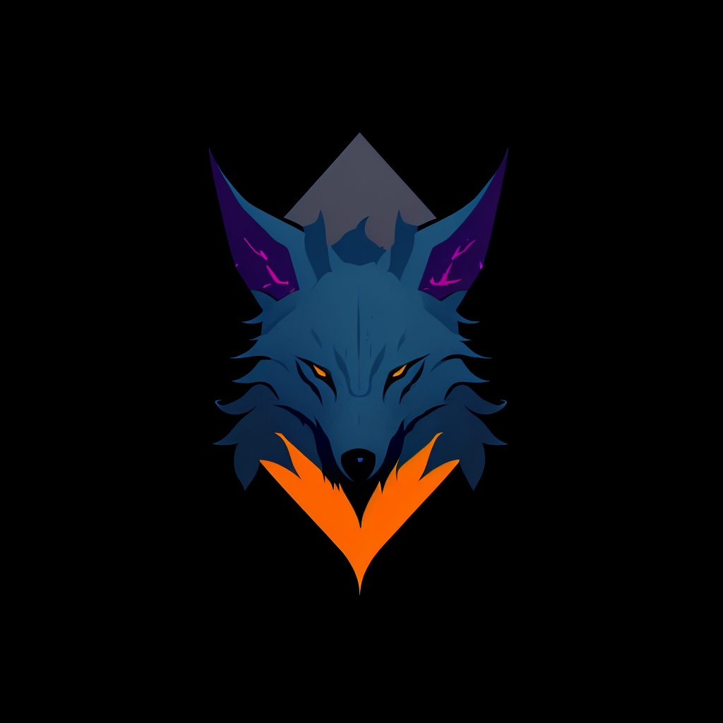 Stylized blue fox mascot with orange eyes on pure black geometric wallpaper background