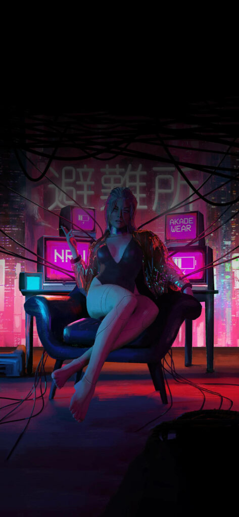 Captivating Contrast: A Phone Girl in the Shadows, Engrossed in Technology Wallpaper