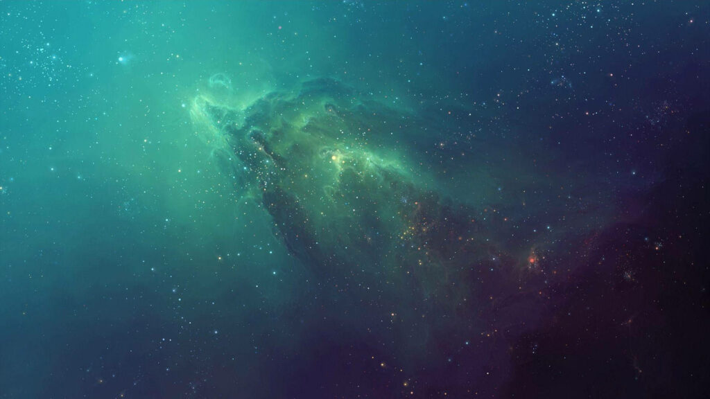 A Celestial Oasis amidst the Nebulous Bluescape: The Enchanting Green Core Graced by Stellar Entities Wallpaper