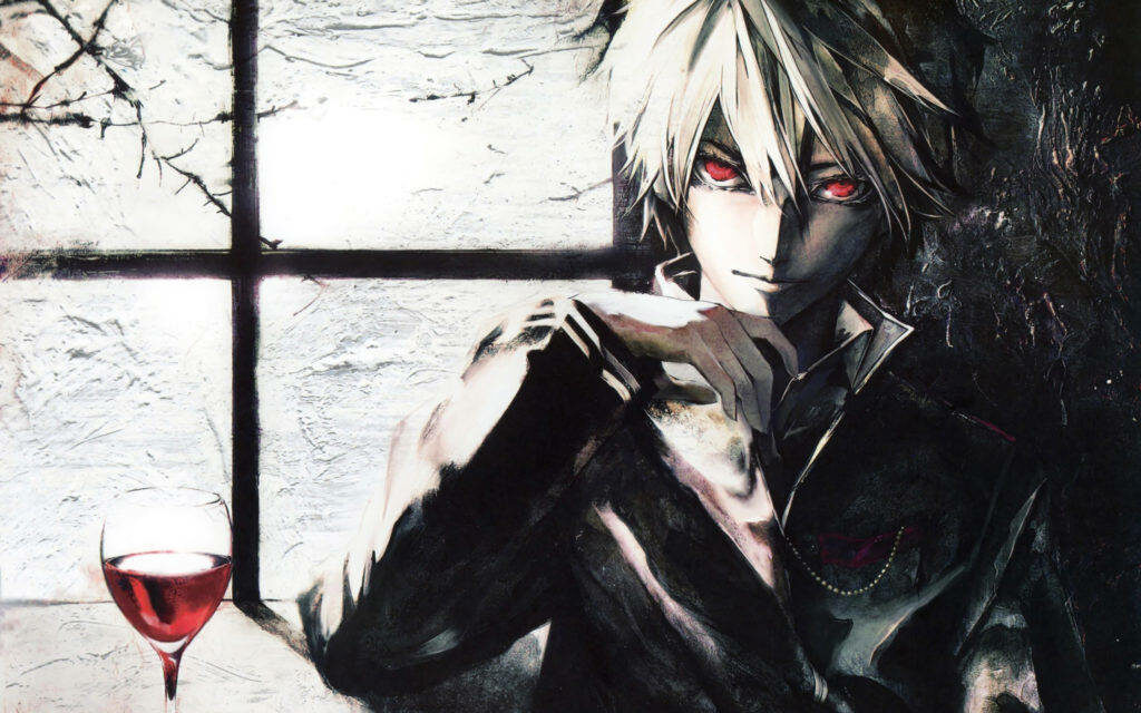 The Enigmatic Anime Window Scene: Red-Eyed Man and Scarlet Wine in Monochromatic Splendor Wallpaper
