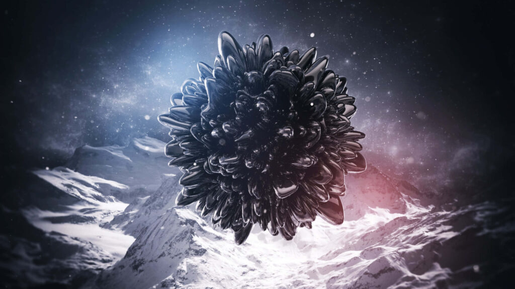 Enigmatic Dark Abstract Wallpaper: Glossy Black Art & Starry Mountains