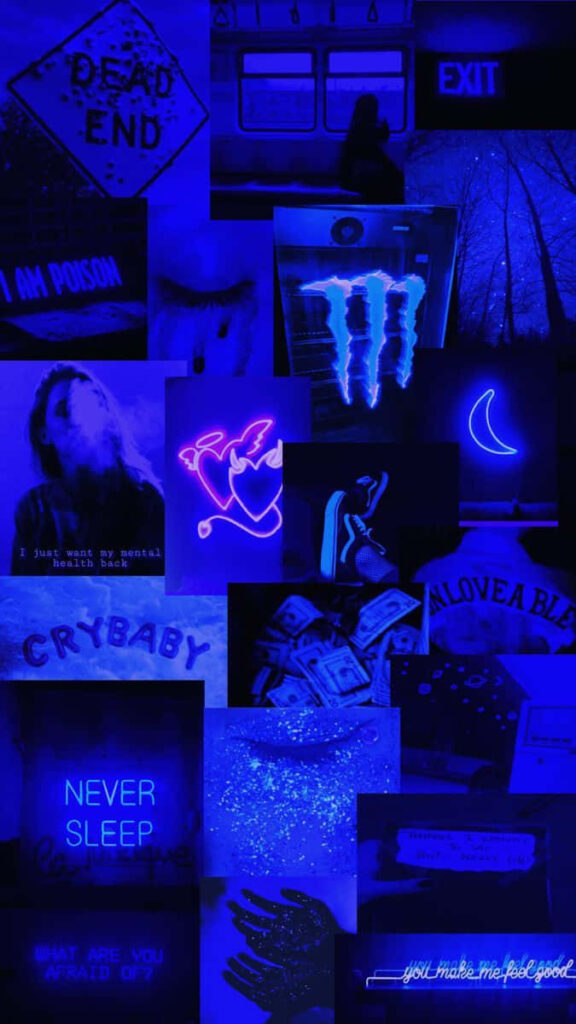 Glimpses of Electric Cool in the Blue Baddie's Background Collage: Monster Logo, Quotes, Hearts, Hand Wallpaper