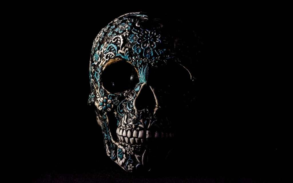 Intricately Textured Black Skeleton Emerges From the Shadows - Dark Background Photo Wallpaper